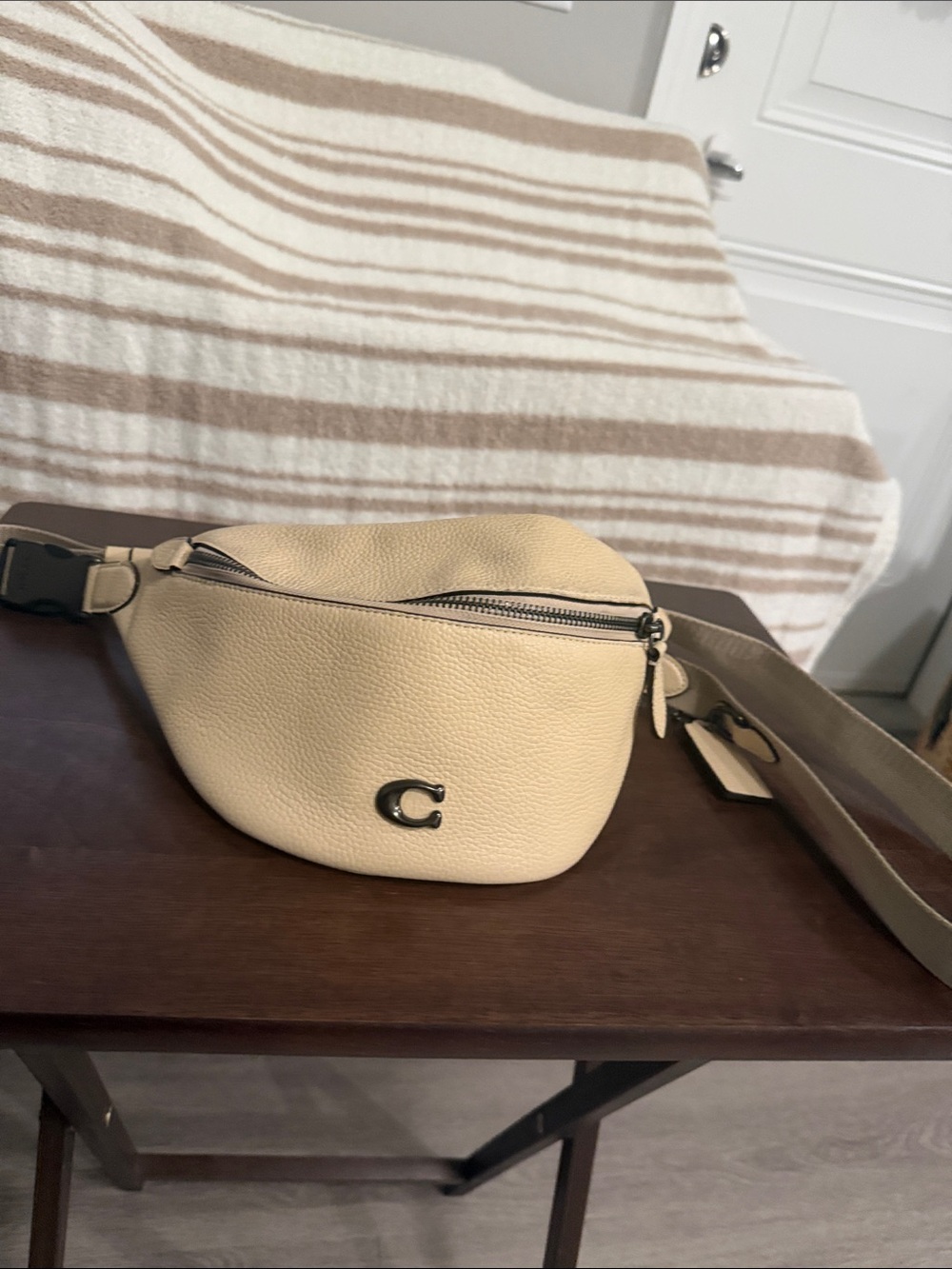 Coach Pebbled Leather Crossbody Belt Bag in Light Beige and Brown Strap